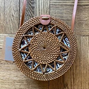 NWT Round Woven Rattan Bag w/Leather Strap
